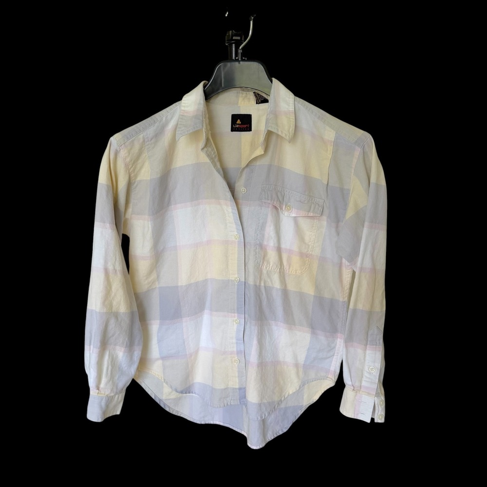 90's LizSport Petites Pastel Plaid Cotton Button‎ Down Shirt Yellow Pink Small